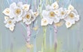 3d wallpaper white diamond flowers with golden butterflies on blue background