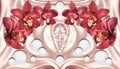 3d wallpaper, red orchids and spheres on silk background.