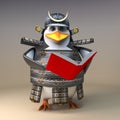 3d warrior samurai penguin character in full armour reading a book, 3d illustration