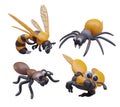 3D wasp, spider, ant, beetle. Vector yellow and black insects