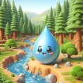 3D water drop cartoon as a sign of protecting water and forests due to climate change