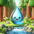 3D water drop cartoon as a sign of protecting water and forests due to climate change