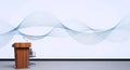3D wave visualization on white background with wooden podium and microphone for business presentation and sound analysis Royalty Free Stock Photo