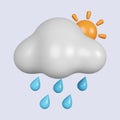 3d weather. cloud with rain and sun. rainy day. icon isolated on gray background. 3d rendering illustration. Clipping Royalty Free Stock Photo