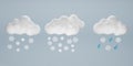 3D weather icons set. Set of Rain cloud, snow, and raindrops icon. Raindrops and snow. Cloud weather icon. 3d render illustration