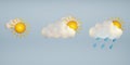 3D weather icons set. Set of Rain cloud, sun, and raindrops icon. Raindrops and sun. Cloud weather icon. 3d render illustration