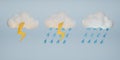 3D weather icons set. Set of Rain cloud, thunderbolt with lightning, and raindrops icon. Raindrops and thunder. Thunder cloud Royalty Free Stock Photo