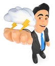 3D Weather man with cloud and lightning. Thunderstorm day