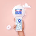 3D Web Vector Illustrations. Hand holding mobile smart phone with application search store. Find closest on city map Royalty Free Stock Photo