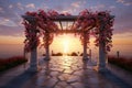 3D wedding pavilion set against a breathtaking sunset over the sea Royalty Free Stock Photo