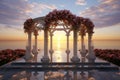 3D wedding pavilion set against a breathtaking sunset over the sea Royalty Free Stock Photo