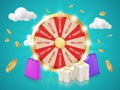 3D wheel spin. Roulette win. Shopping sale raffle. Lucky prize. Rotating circle. Offer or discount. Jackpot of lottery