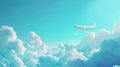 3D white airplane flying on blue sky landscape with cloud, modern illustration, realistic banner with blank passenger Royalty Free Stock Photo