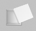 3d white box mockup with top, inside view. Open square package for gift. Realistic carton box with case on above. Unpacked Royalty Free Stock Photo