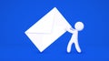 3d white cartoon man holding big envelope. Mailing list concept. Isolated blue background Royalty Free Stock Photo