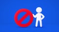 3d white cartoon man holding big stop symbol. Reject concept. Isolated blue background.