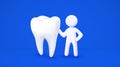 3d white cartoon man holding big tooth. Dentistry concept. Isolated blue background