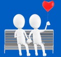 3d white character , couples sitting in a bench holding a love balloon