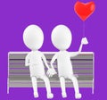 3d white character , couples sitting in a bench holding a love balloon