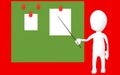 3d white character holding a stick and pointing it towards a green board with pinned papers