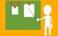 3d white character holding a stick and pointing it towards a green board with pinned papers