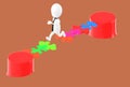 3d white character , jumping over the gap between puzzles in a puzzle bridge