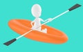 3d white character , rowing a boat