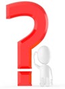3d white character scraching his head while siting near to a large question mark , confused , uncertain and thinking
