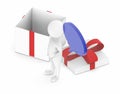 3d white character standing near to a unwrapped gift box , speech bubble above his head