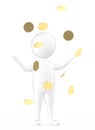 3d white character standing and raising both hands when golden coin,s falls