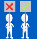 3d white character , two character , one of them holding a wrong sign board and another holding a tick sign mark Royalty Free Stock Photo