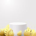 3D white circle podium display and gold Tropical plants. Vector Illustration