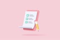 3d white clipboard task management todo check list with pencil, efficient work on project plan, fast progress, level up concept,
