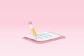 3d white clipboard task management todo check list with pencil, efficient work on project plan, fast progress, level up concept,