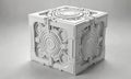 3D white cube with intricate circular patterns and central compartment, set against plain gray background. Royalty Free Stock Photo