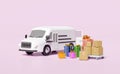 3d white delivery van, truck with gift box, packaging, goods cardboard box, platform trolley isolated on pink background. service Royalty Free Stock Photo