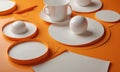 3D white egg, cup, and saucer on orange background, with white paper sheet in the foreground.