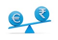 3d White Euro And Indian Rupee Symbol On Rounded Blue Icons ,Balance Weight Seesaw, 3d illustration Royalty Free Stock Photo