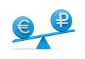 3d White Euro And Ruble Symbol On Rounded Blue Icons With 3d Balance Weight Seesaw, 3d illustration Royalty Free Stock Photo