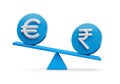 3d White Euro And Indian Rupee Symbol On Rounded Blue Icons With 3d Balance Weight Seesaw, 3d illustration Royalty Free Stock Photo