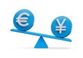 3d White Euro And Yen Symbol On Rounded Blue Icons With 3d Balance Weight Seesaw, 3d illustration Royalty Free Stock Photo