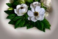 3D white flowers on green leaves posy top of image centered, created with Generative AI