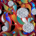 3d White Flowers Paisley Seamless Pattern. Floral Colorful Background Wallpaper With 3d Flowers, Leaves, Abstract Love Hearts. Br