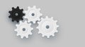 3D white gears and cogs on gray, cooperation concept technology background with copy space