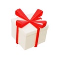 3D White Gift Box With Red Ribbon Isolated on white background. 3D icon. 3d rendering flying modern holiday surprise box. Cartoon