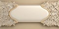 3d white gold arabic frame, ornate shape, fancy blank empty banner, elegant greeting card template, luxury arabesque design,