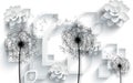 3d White gray and silver background with silhouettes of dandelions with triangles , modern 3d render