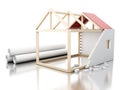 3d White house under construction rolls of architecture blueprints Royalty Free Stock Photo