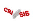 3d white human hand smashes the word crisis 3d. White background