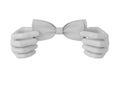 3d white human hand straightens bow tie . White background.